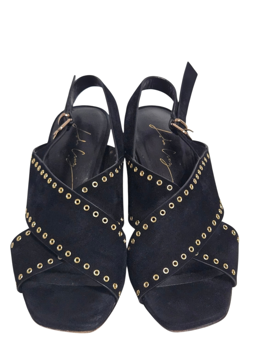 Lola Cruz Black Studded Leather Block Heel Sandals EU 38 Gold Grommet Slingbacks - Picture 6 of 8